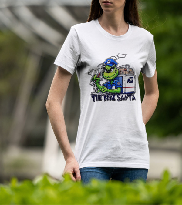 Grinch USPS The Real Santa Postal Delivery Holiday Fun T-Shirt