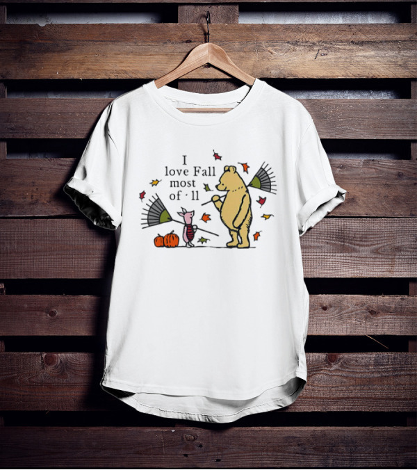 I Love Fall Most Of All Winnie The Pooh Piglet Raking Leaves Pumpkins T-Shirt