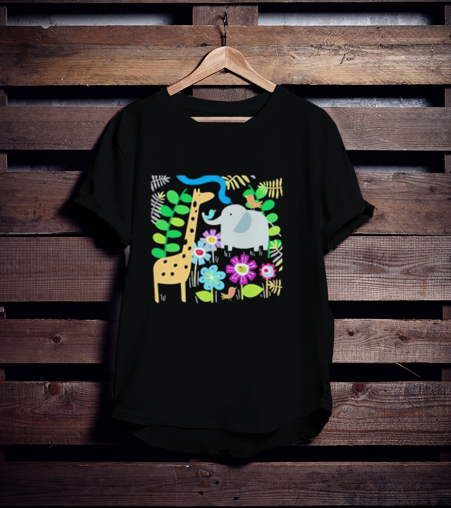 Safari Animal Party Jungle Giraffe Elephant Floral T-Shirt