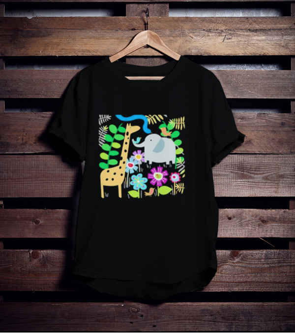 Safari Animal Party Jungle Giraffe Elephant Floral T-Shirt