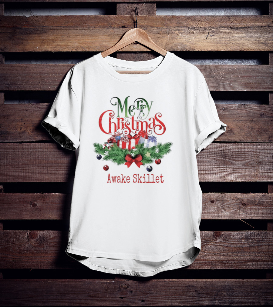 Merry Christmas Awake Skillet Festive Presents And Pine Garland T-Shirt