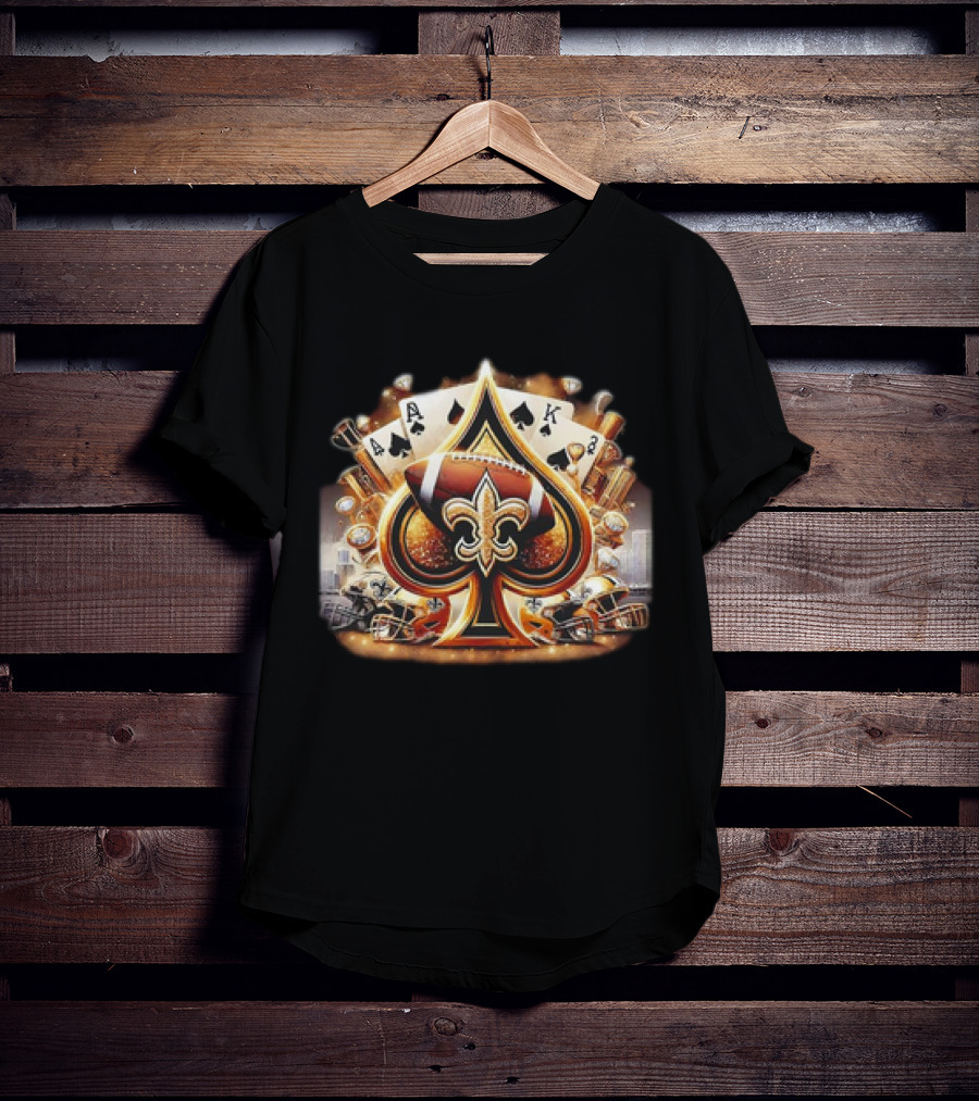New Orleans Saints Gold Spade Football And Fleur-de-Lis With Playing Cards And Helmets T-Shirt