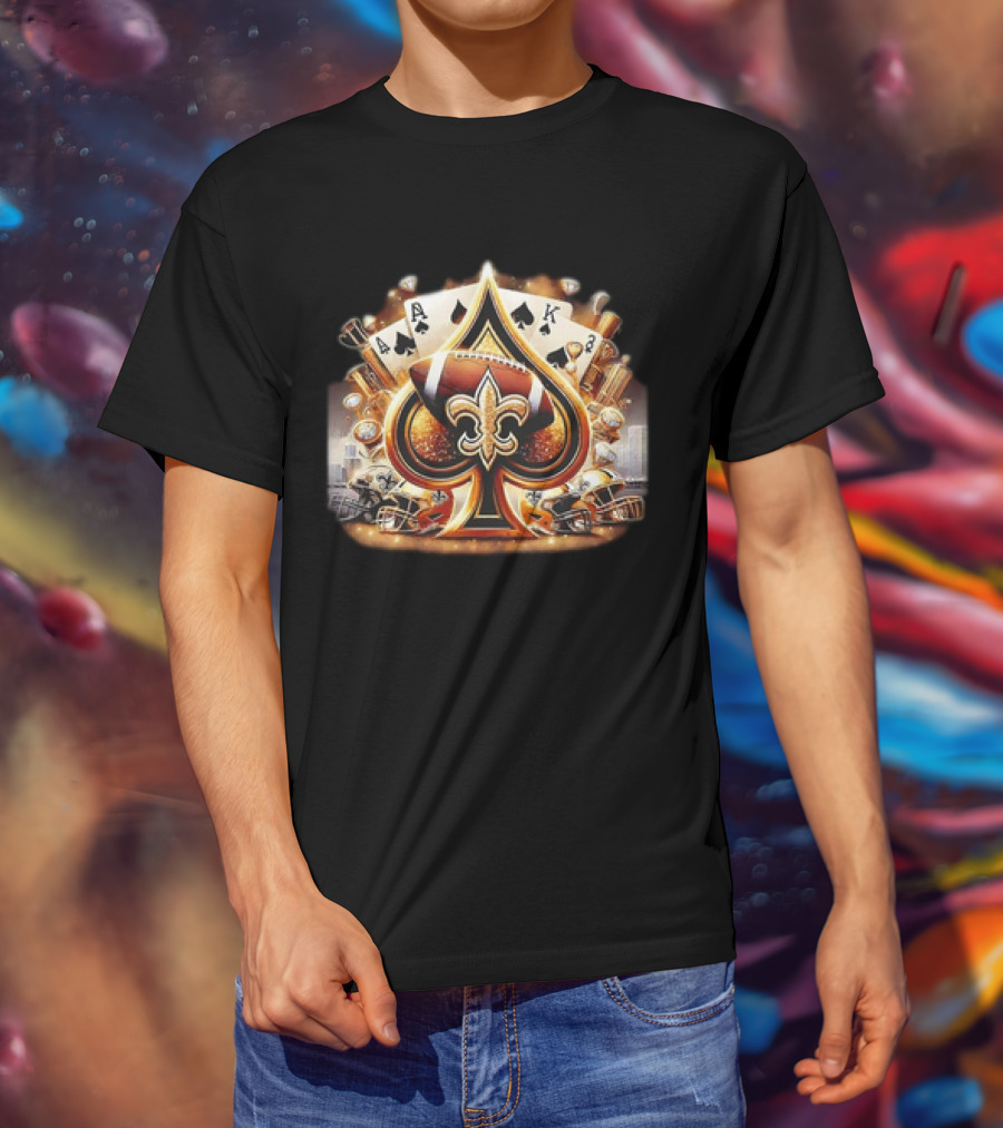 New Orleans Saints Gold Spade Football And Fleur-de-Lis With Playing Cards And Helmets T-Shirt