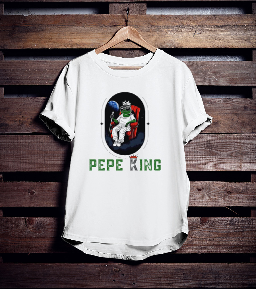 Pepe King Meme Coin Earth Throne Crown Chair T-Shirt