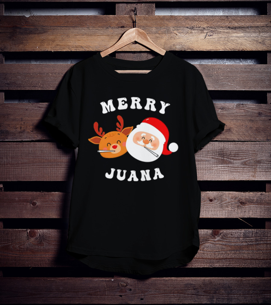 Merry Juana Christmas Santa And Reindeer Smoking Holiday Fun T-Shirt