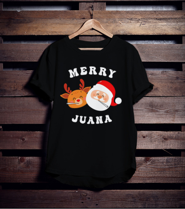 Merry Juana Christmas Santa And Reindeer Smoking Holiday Fun T-Shirt