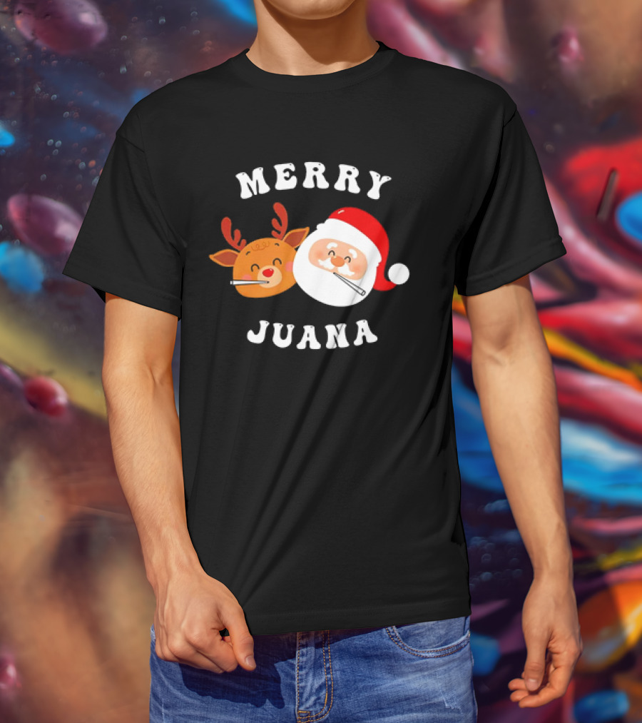Merry Juana Christmas Santa And Reindeer Smoking Holiday Fun T-Shirt