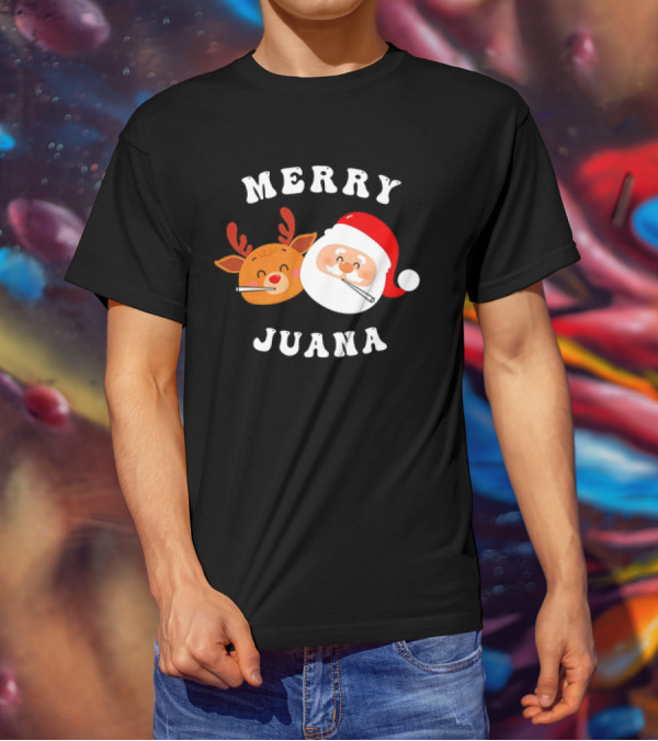 Merry Juana Christmas Santa And Reindeer Smoking Holiday Fun T-Shirt