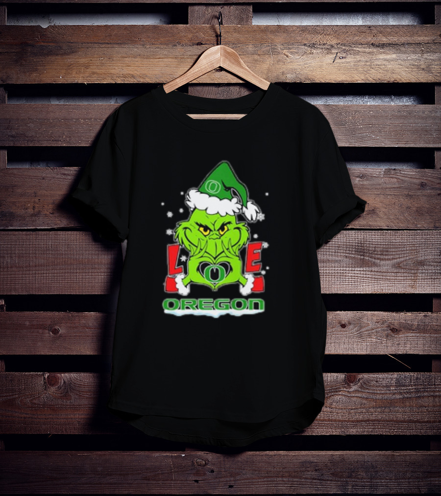 Grinch Hand Love Oregon Ducks Christmas Santa Hat Snowflakes T-Shirt