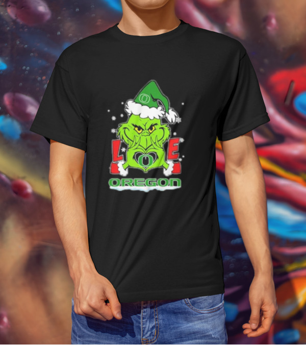 Grinch Hand Love Oregon Ducks Christmas Santa Hat Snowflakes T-Shirt