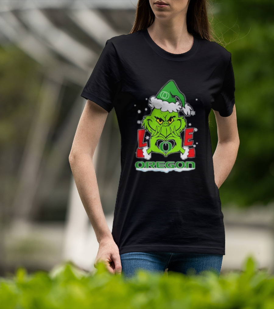 Grinch Hand Love Oregon Ducks Christmas Santa Hat Snowflakes T-Shirt