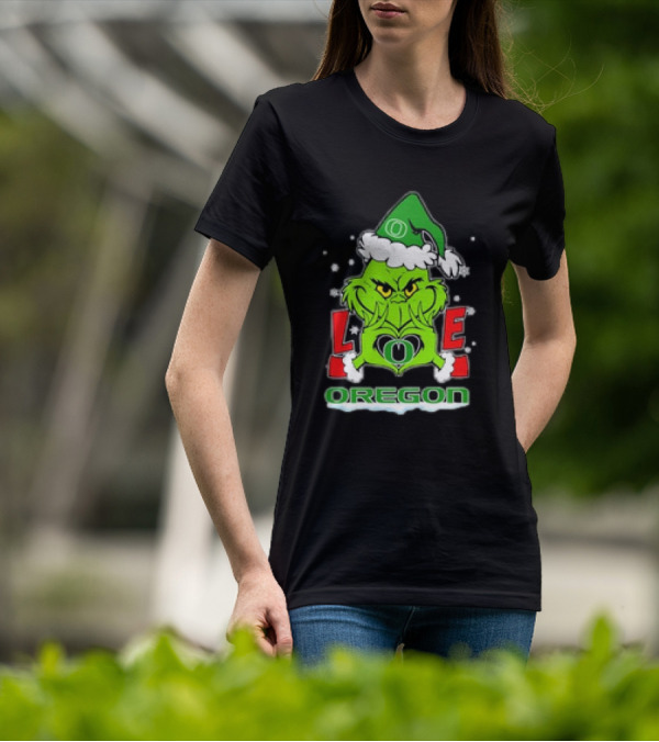 Grinch Hand Love Oregon Ducks Christmas Santa Hat Snowflakes T-Shirt