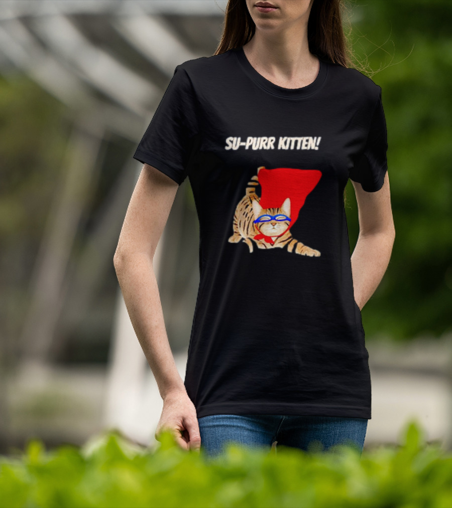Su-Purr Kitten Cute Super Hero Cat Meme With Red Cape And Mask T-Shirt