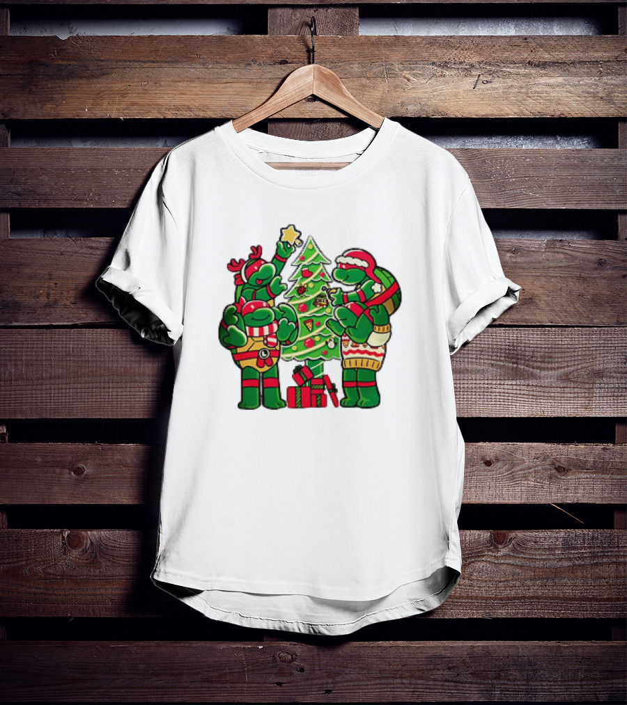 Cozy Xmas Teenage Mutant Ninja Turtles Christmas Tree Decorating Scene T-Shirt
