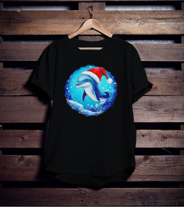 Dolphins Christmas Cute Santa Hat Snowflakes T-Shirt