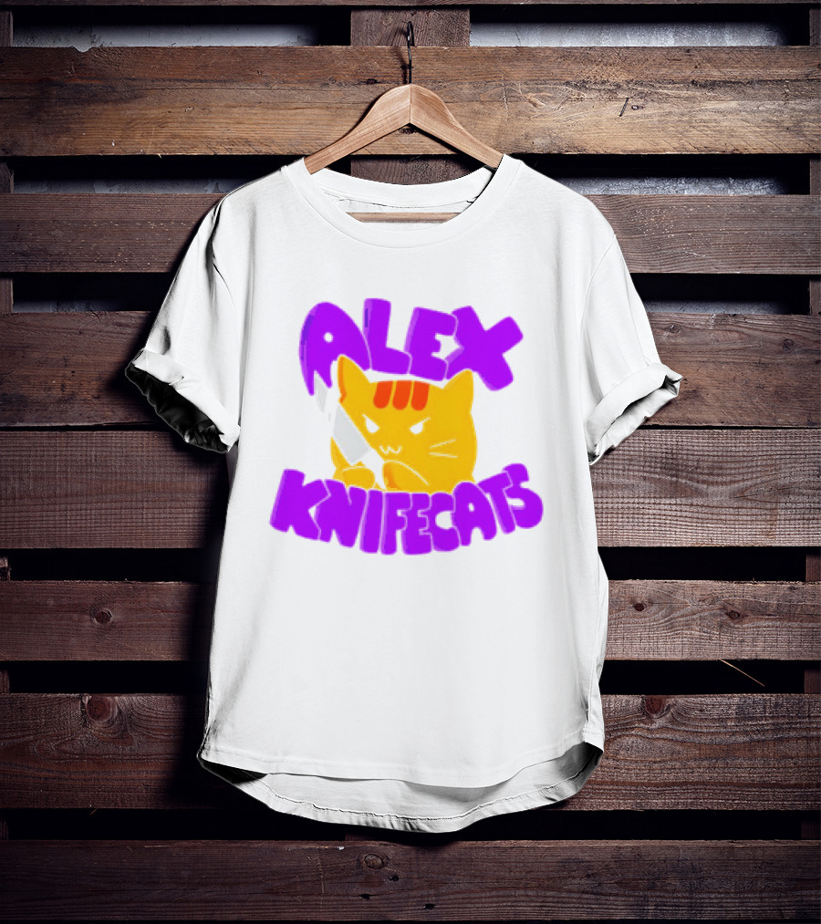 Alex Knifecats Orange Cat Purple Text T-Shirt