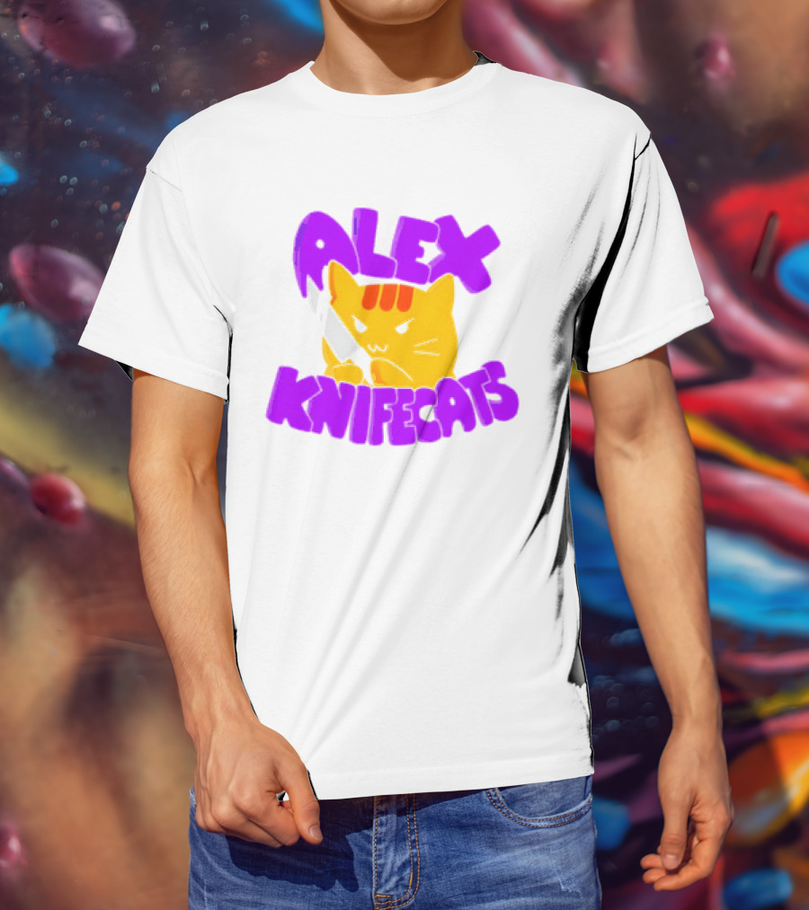 Alex Knifecats Orange Cat Purple Text T-Shirt