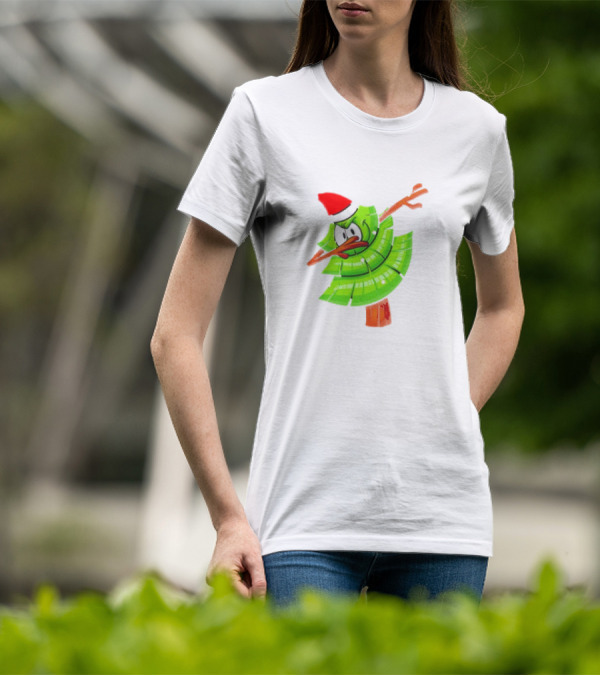 Dabbing Through The Snow Christmas Tree With Santa Hat Cartoon T-Shirt