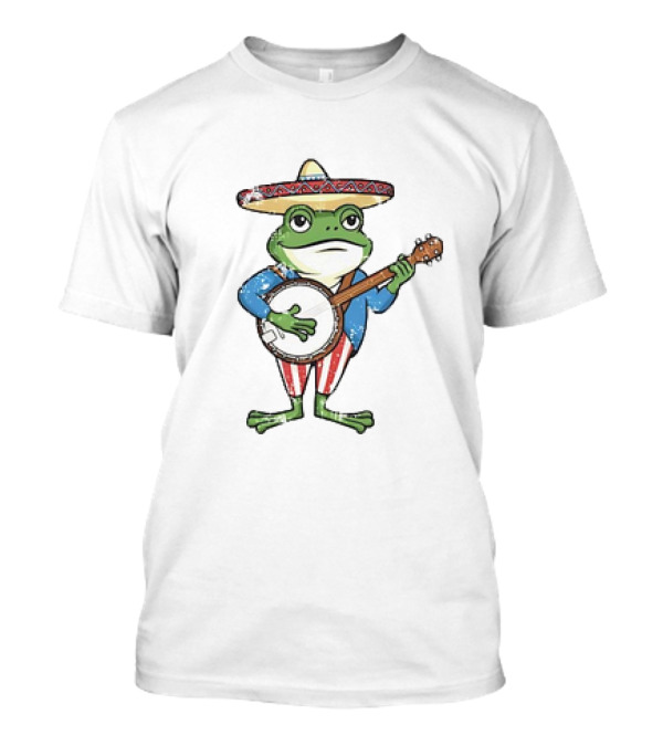 Frog In Sombrero Playing Banjo In Patriotic T-Shirt