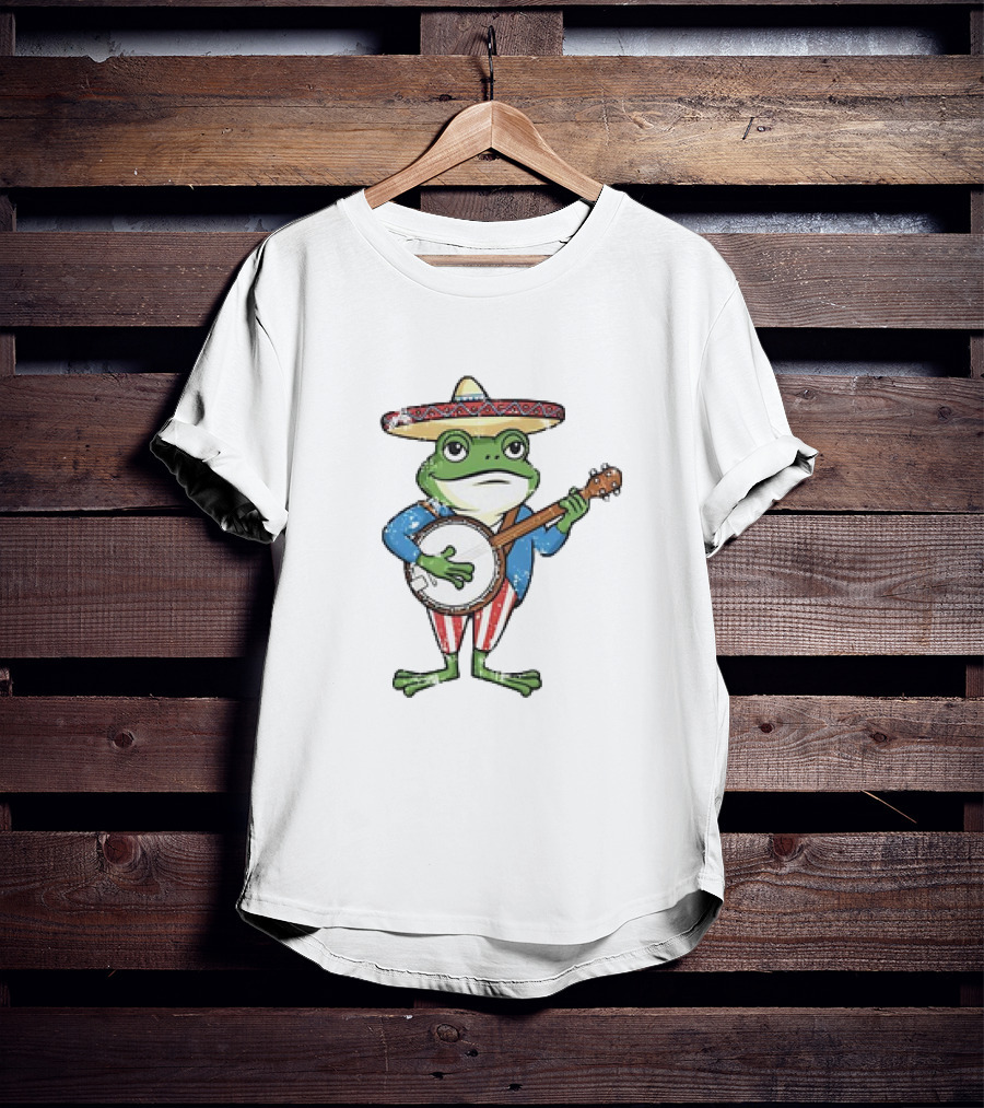 Frog In Sombrero Playing Banjo In Patriotic T-Shirt