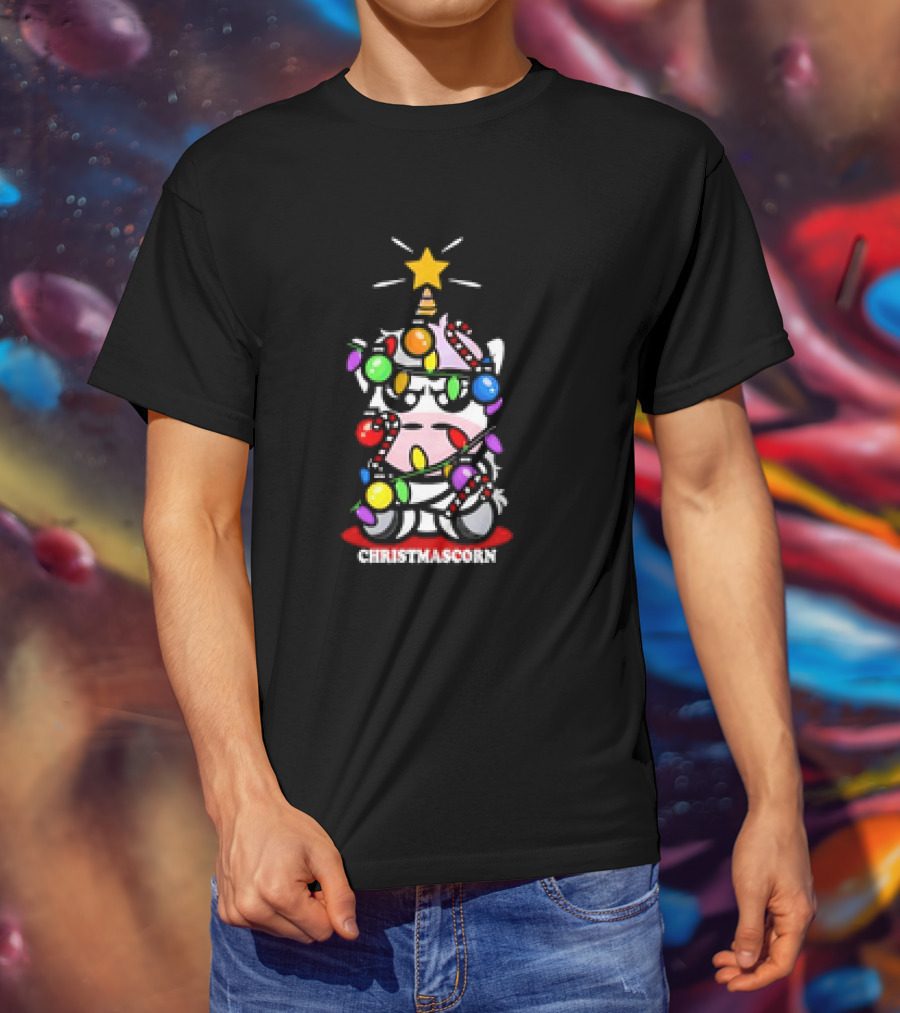 Christmascorn Unicorn Wrapped In Lights And Candy Canes T-Shirt