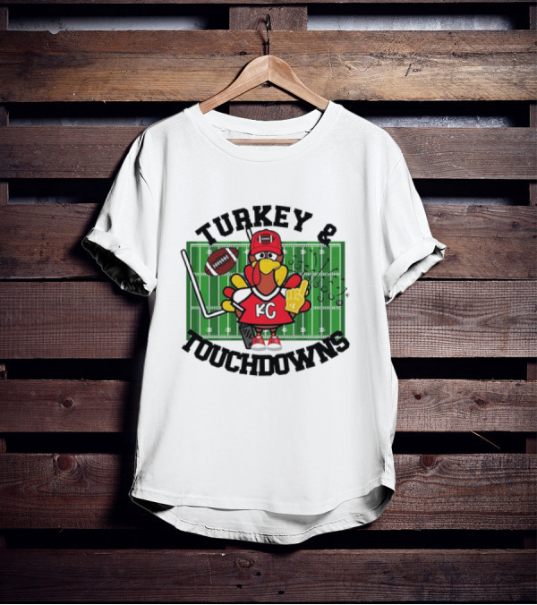 Turkey And Touchdowns Kansas City Chiefs Football Field Cartoon T-Shirt
