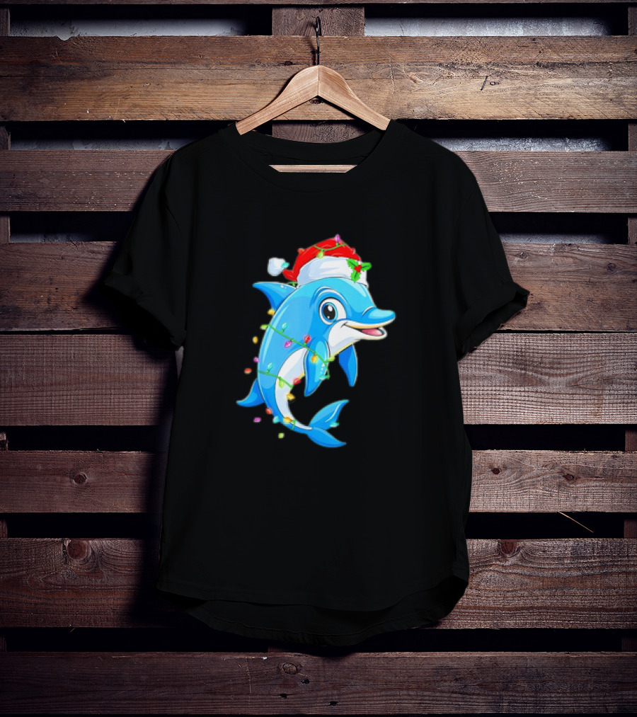 Dolphin In Santa Hat Wrapped In Christmas Tree Lights Pajamas T-Shirt