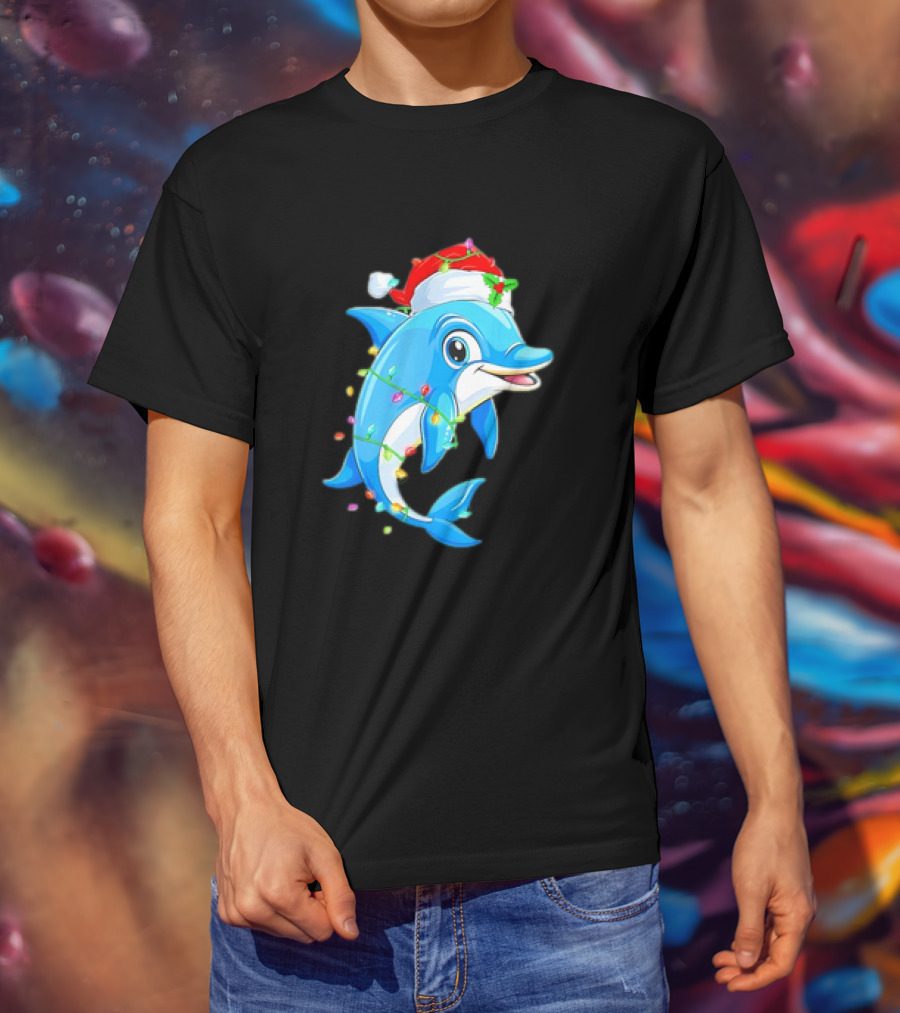 Dolphin In Santa Hat Wrapped In Christmas Tree Lights Pajamas T-Shirt
