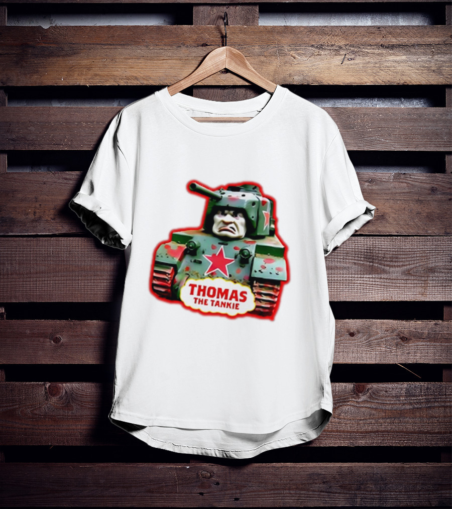 THOMAS THE TANKIE Green Camouflage Tank Red Star Cartoon Face T-Shirt