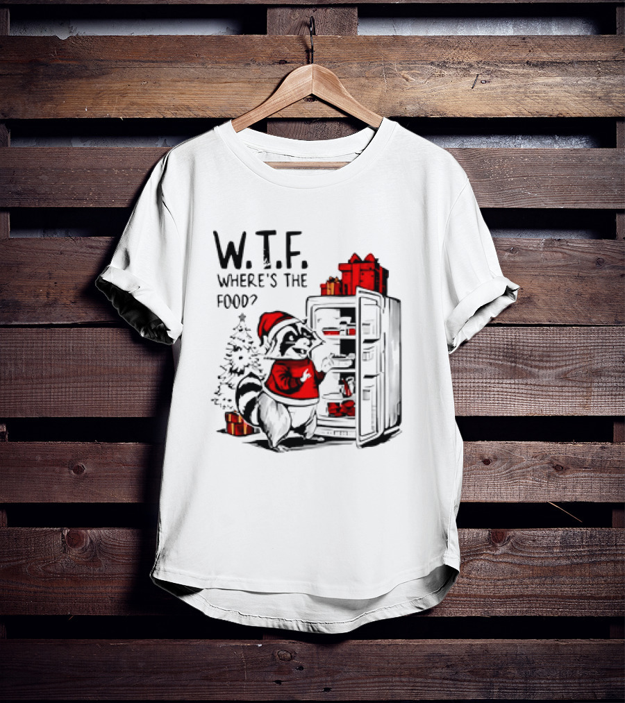 W.T.F. Where's The Food Christmas Foodie Raccoon With Fridge And Santa Hat T-Shirt