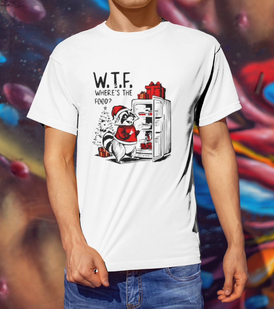 W.T.F. Where's The Food Christmas Foodie Raccoon With Fridge And Santa Hat T-Shirt