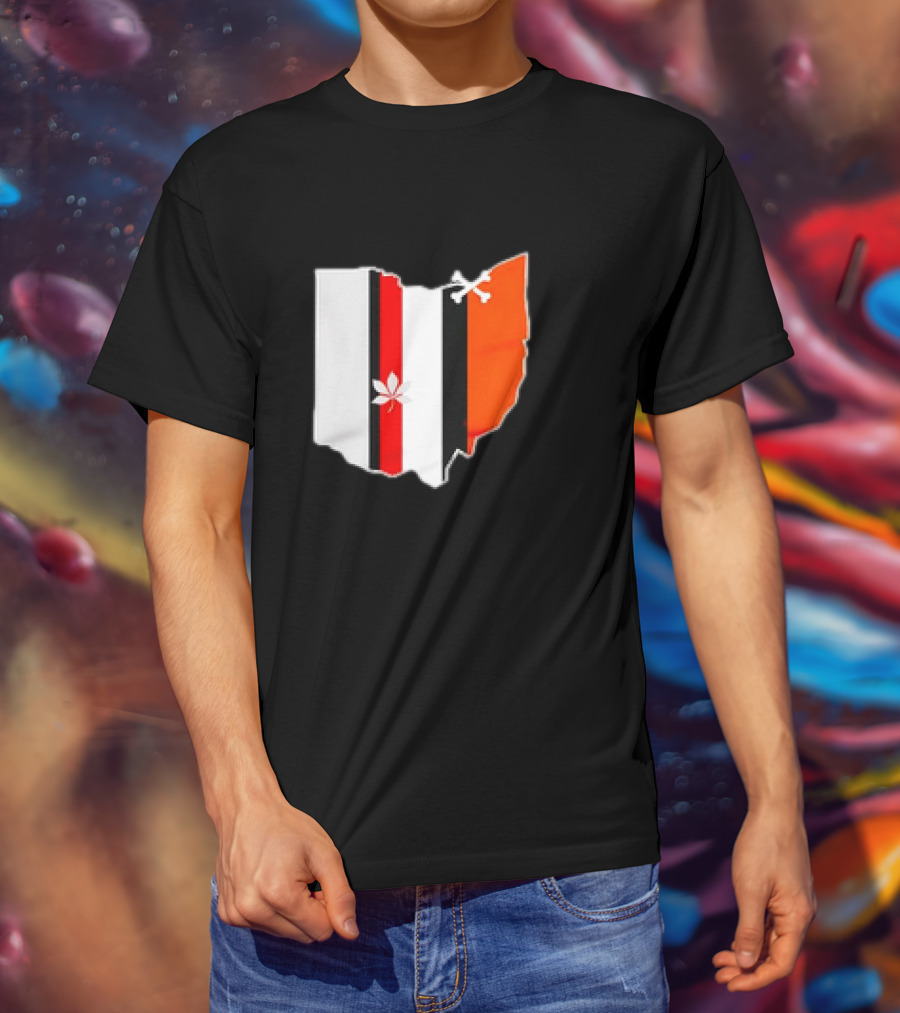 Ohio Map Stripes Football Buckeye Leaf Browns Colors T-Shirt