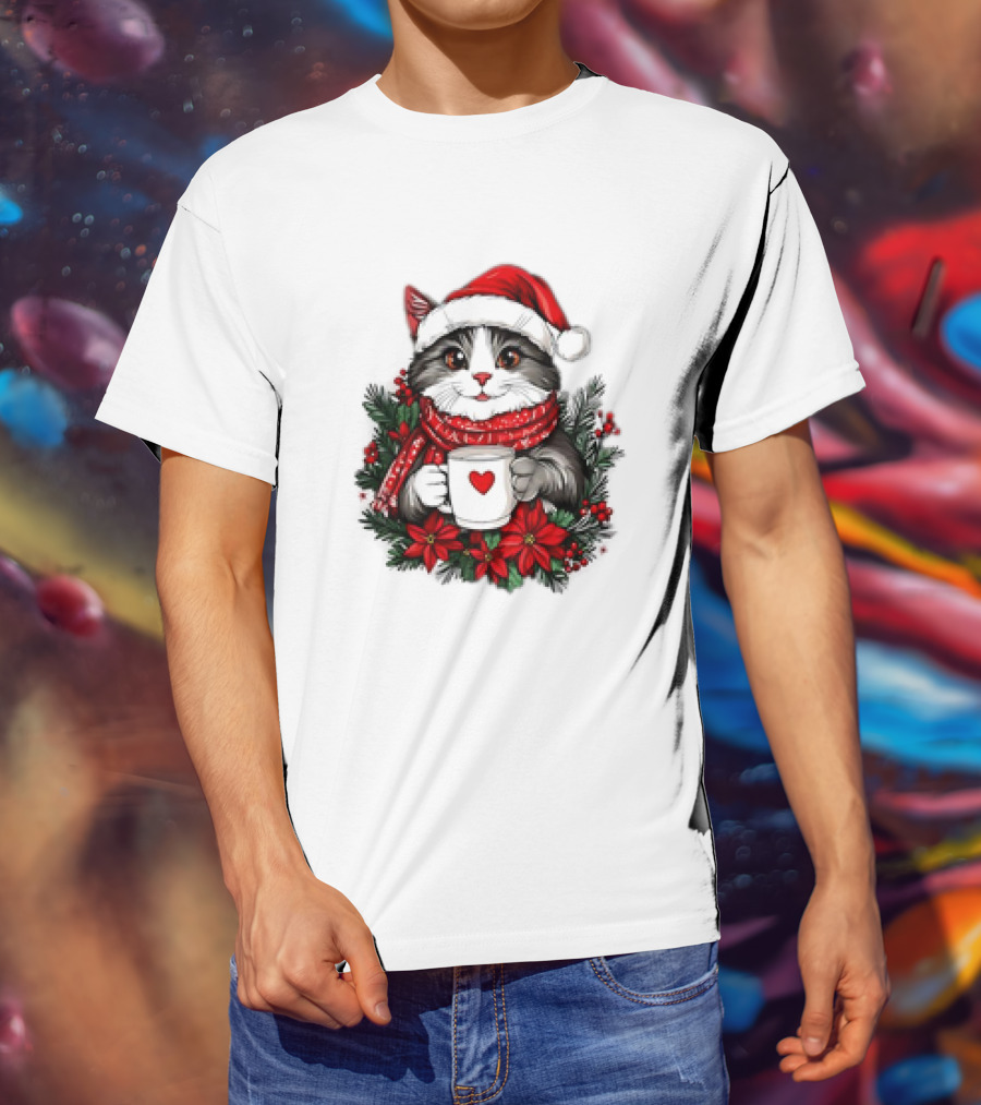 Christmas Cat Santa Hat Coffee Mug Festive T-Shirt