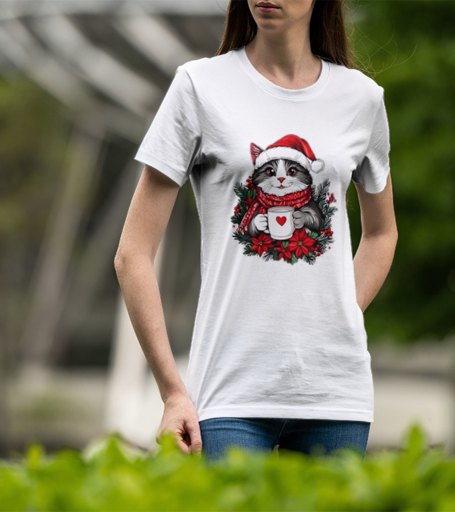 Christmas Cat Santa Hat Coffee Mug Festive T-Shirt