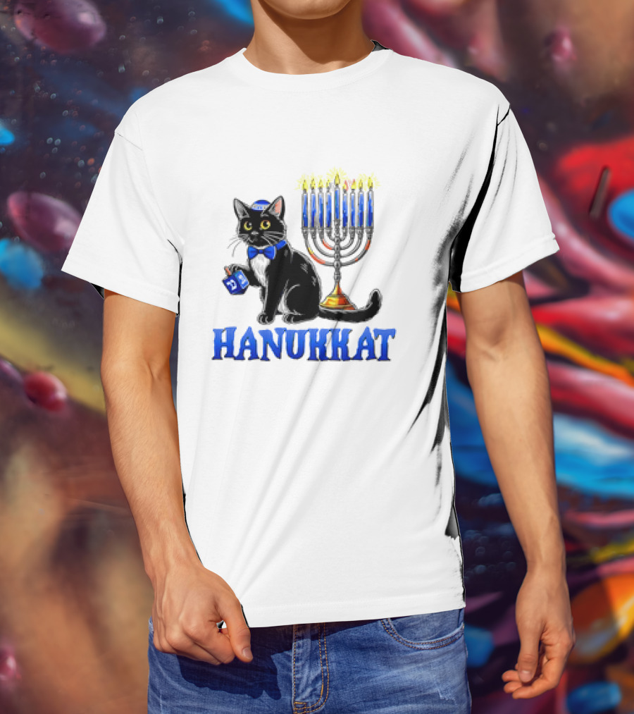 Hanukkat Cute Happy Hanukkah Jewish Cat Menorah Chanukah T-Shirt
