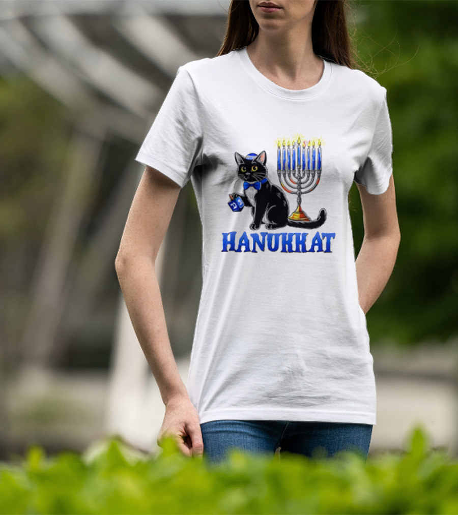 Hanukkat Cute Happy Hanukkah Jewish Cat Menorah Chanukah T-Shirt