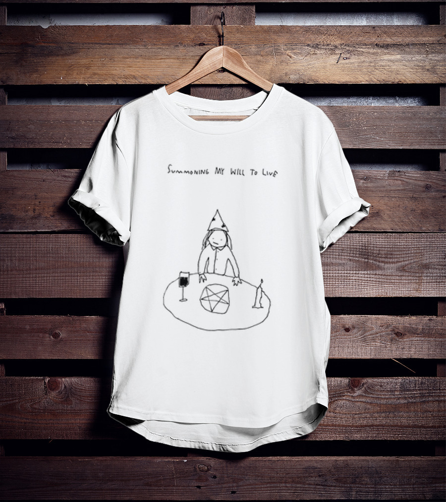 Summoning My Will To Live Wizard Hat Pentagram Candle Wine Sketch T-Shirt