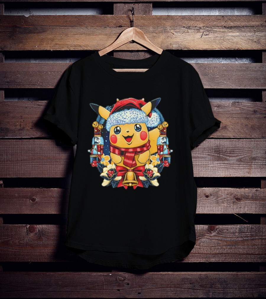 Pikachu Christmas Hat Scarf Nutcracker Bells Pokémon Holiday T-Shirt