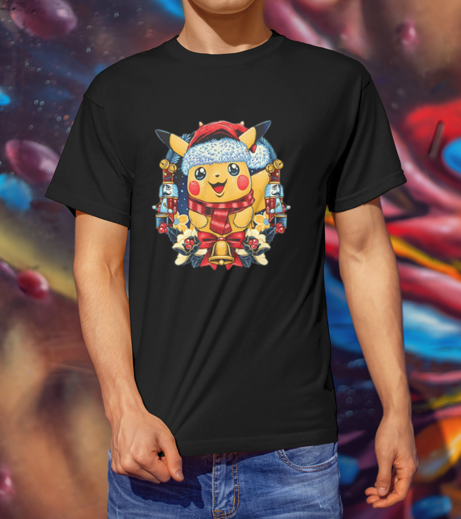 Pikachu Christmas Hat Scarf Nutcracker Bells Pokémon Holiday T-Shirt