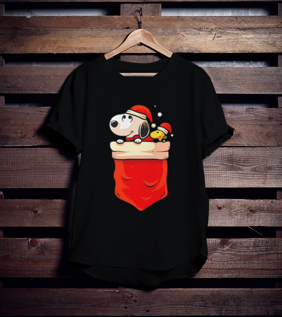 Snoopy And Woodstock Christmas Santa Hats In Red Pocket T-Shirt