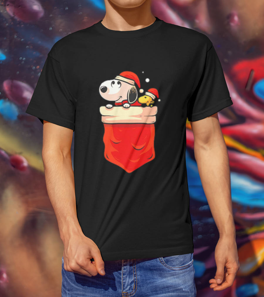 Snoopy And Woodstock Christmas Santa Hats In Red Pocket T-Shirt