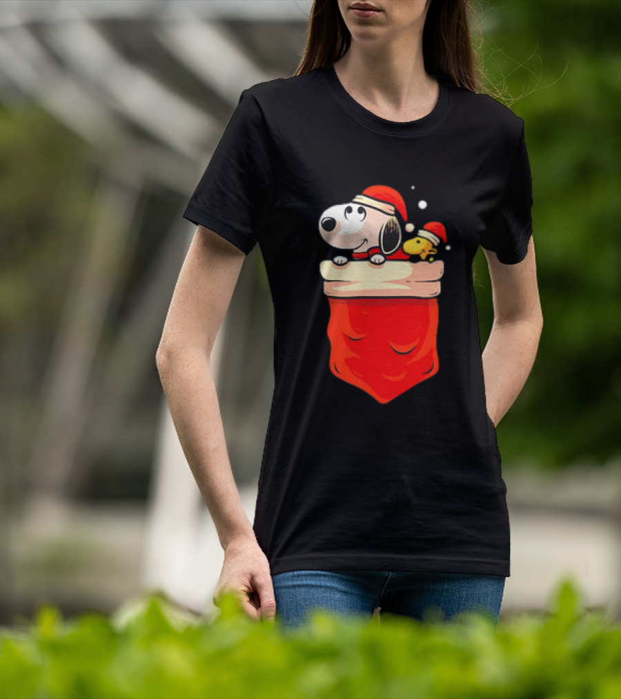 Snoopy And Woodstock Christmas Santa Hats In Red Pocket T-Shirt