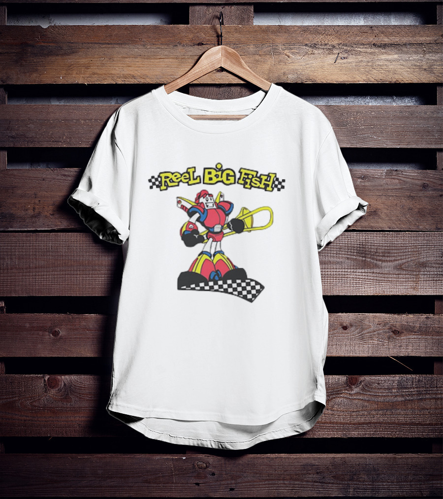 Reel Big Fish Robot Character With Trombone And Checkerboard T-Shirt