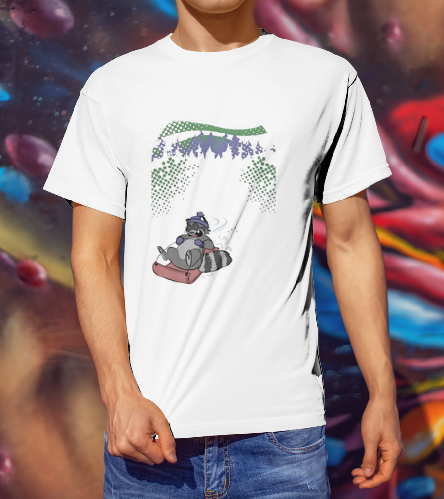 Raccoon Sledding In Winter Forest Scene With Evergreen Trees And Snowflakes T-Shirt