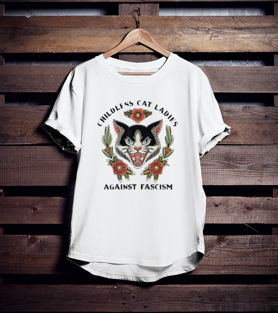 Childless Cat Ladies Against Fascism Fierce Cat Floral Emblem T-Shirt
