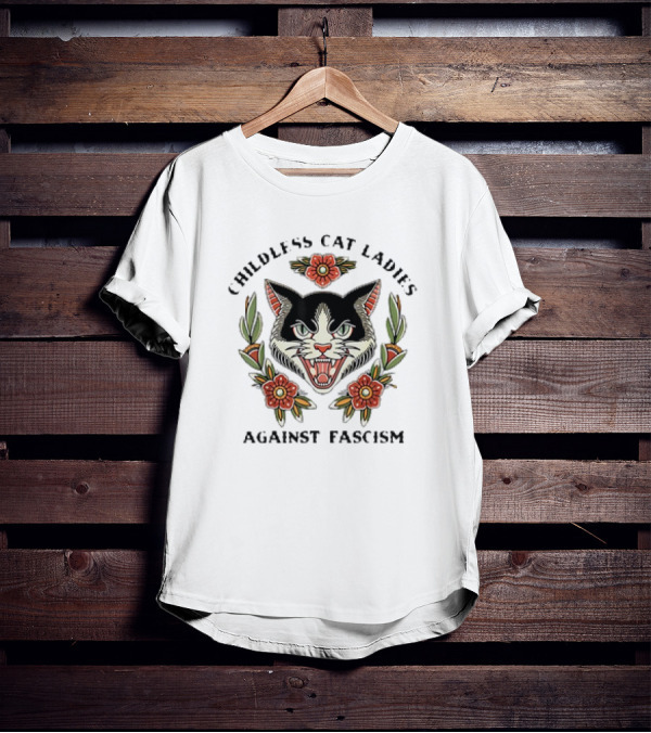 Childless Cat Ladies Against Fascism Fierce Cat Floral Emblem T-Shirt