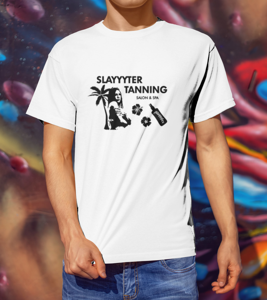 Slayyyter Tanning Salon And Spa Palm Flowers And Lotion Bottle T-Shirt