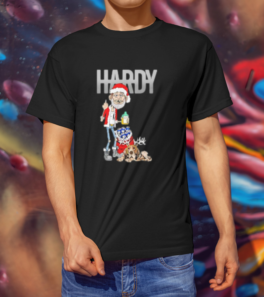 Hardy Jim Bob Holiday Christmas Santa With Beer And Reindeer Dog T-Shirt