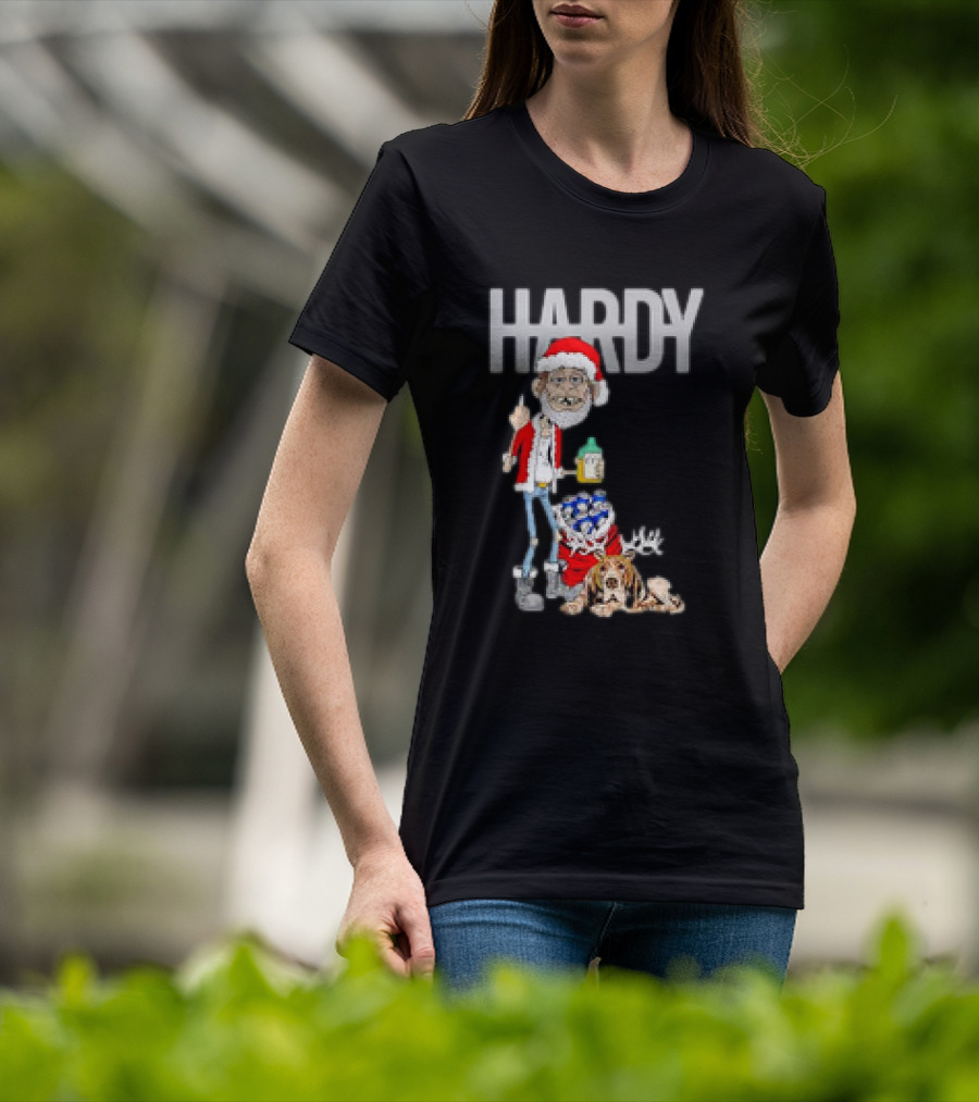 Hardy Jim Bob Holiday Christmas Santa With Beer And Reindeer Dog T-Shirt