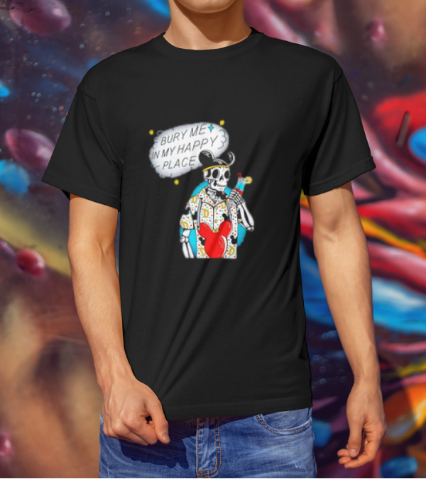 Bury Me In My Happy Place Skeleton With Mouse Ears And Drink T-Shirt